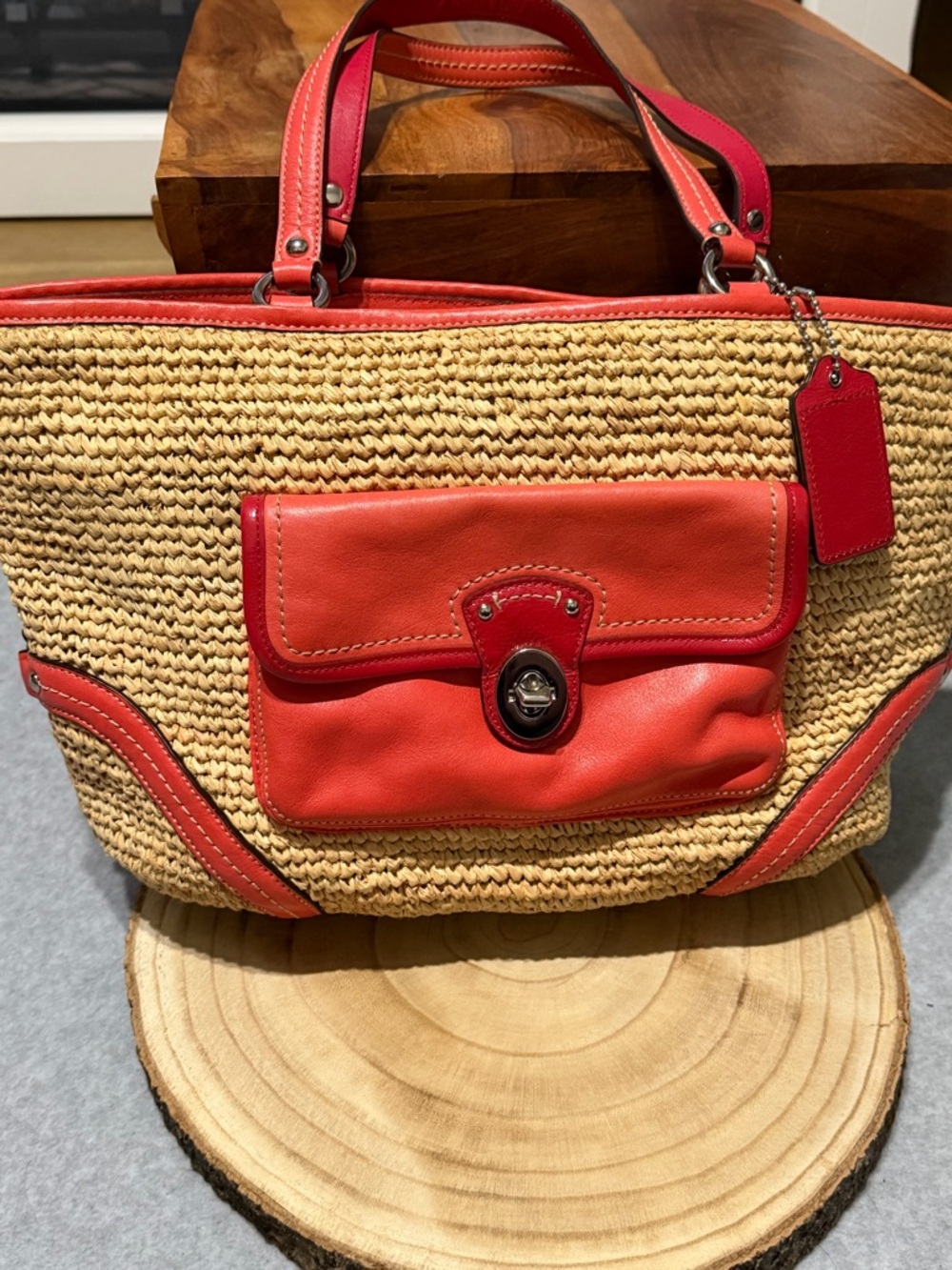 Coach Raffia Straw Tote Bag with Red & Orange Leather Trim Purse - Picture 3 of 15